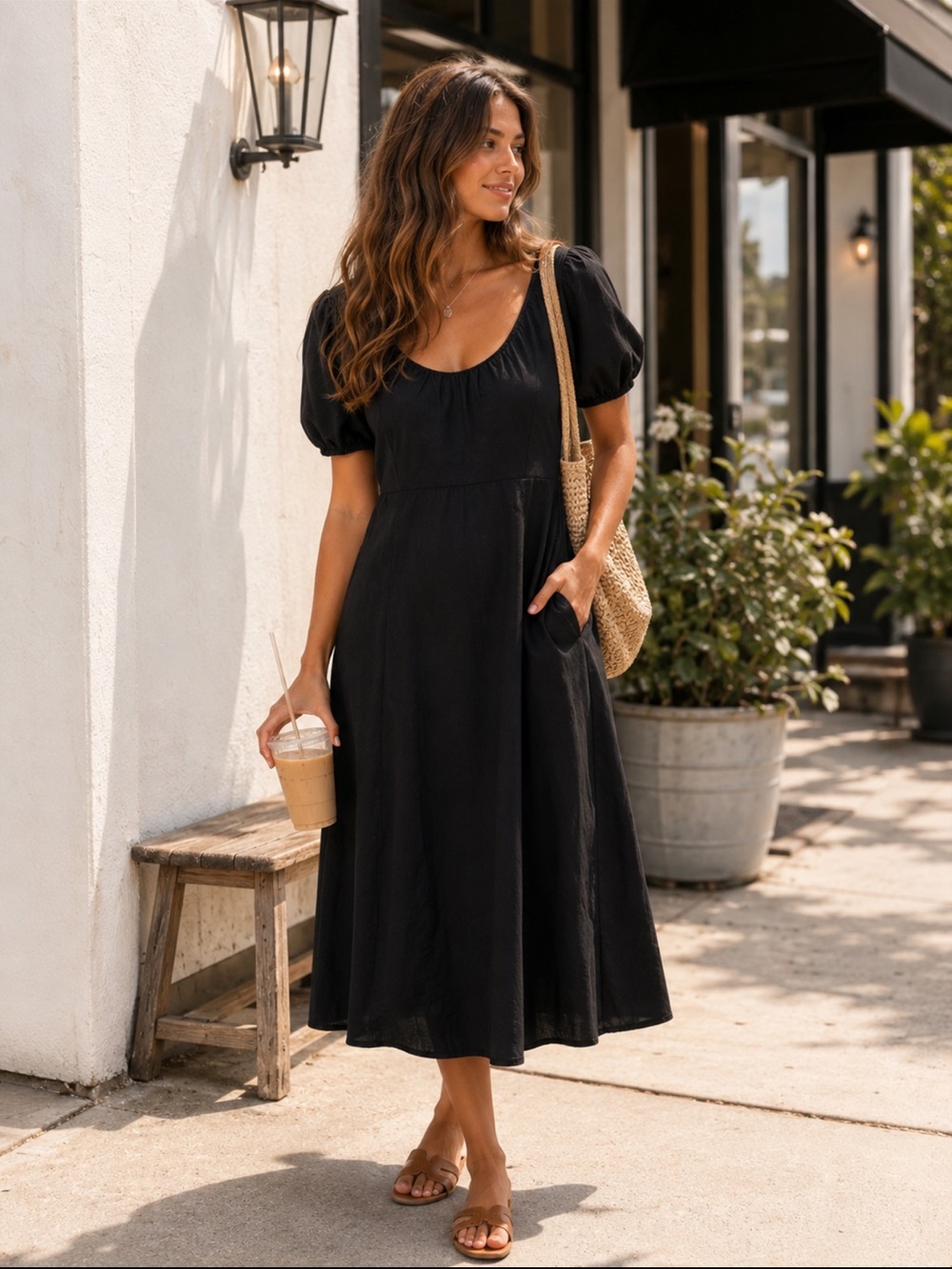 Old Navy Black Cotton Puff Sleeve Midi Dress XL Smocked Cottagecore Pockets